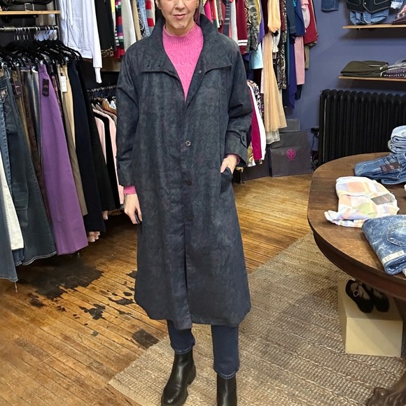 90s Vintage London Fog Moody Navy Floral Maxi Trench Coat Wool Liner USA 10 - Picture 6 of 7